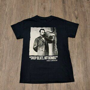 Abe Lincoln "Drop Beats, Not Bombs" T-Shirt | Black Graphic Tee | Size Small